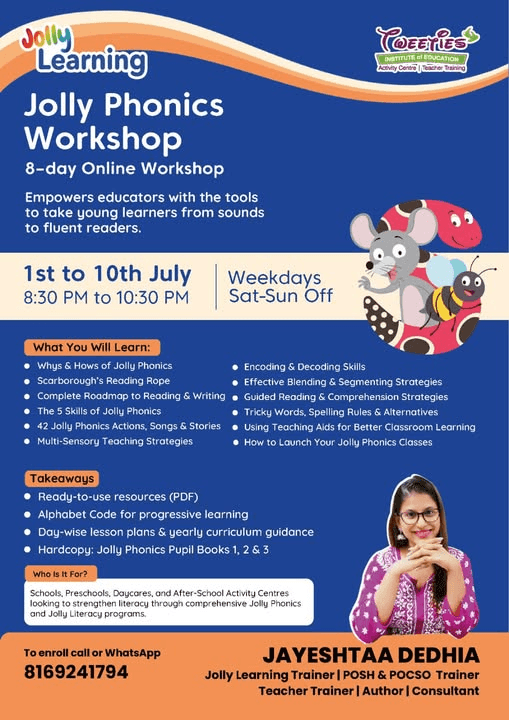 Jolly Phonics Workshop poster — Tweeties Institute of Education and Jolly Learning, 8-day online training July 2026