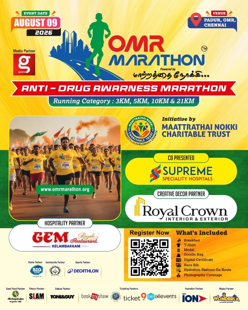 OMR Marathon — Anti-Drug Awareness Marathon poster, Padur OMR Chennai, 9 August 2026
