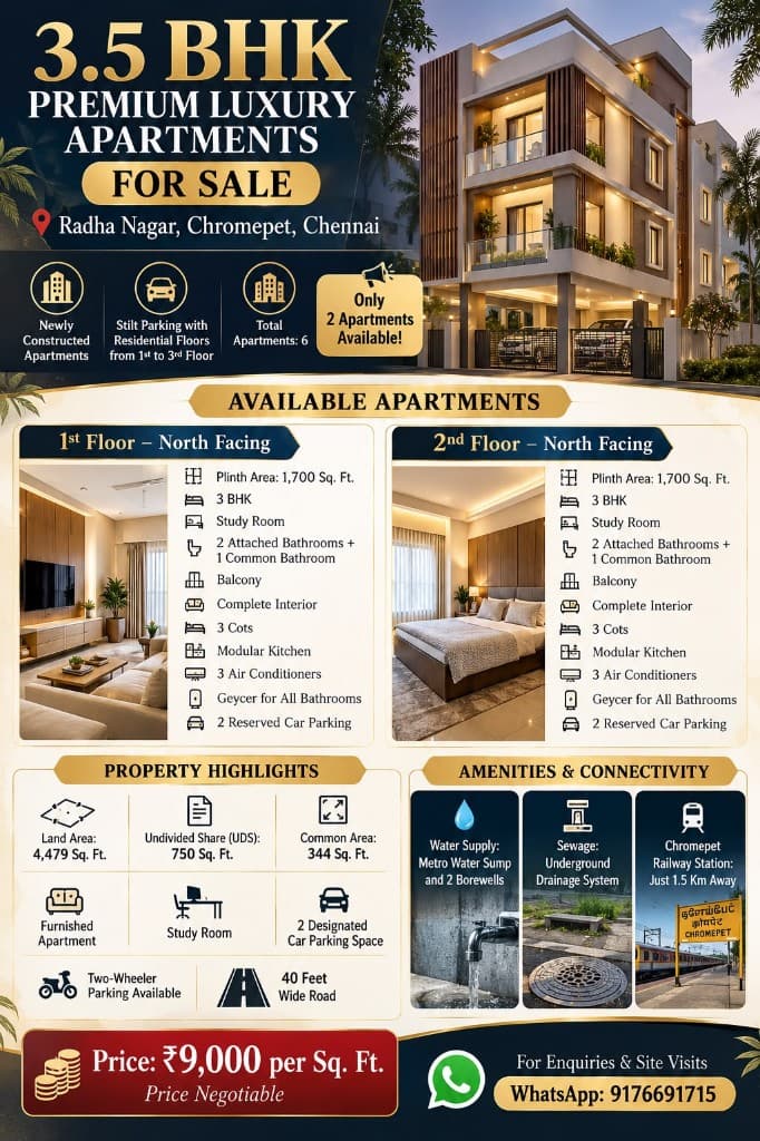 3.5 BHK luxury apartments for sale — Radha Nagar, Chromepet (2 units left)