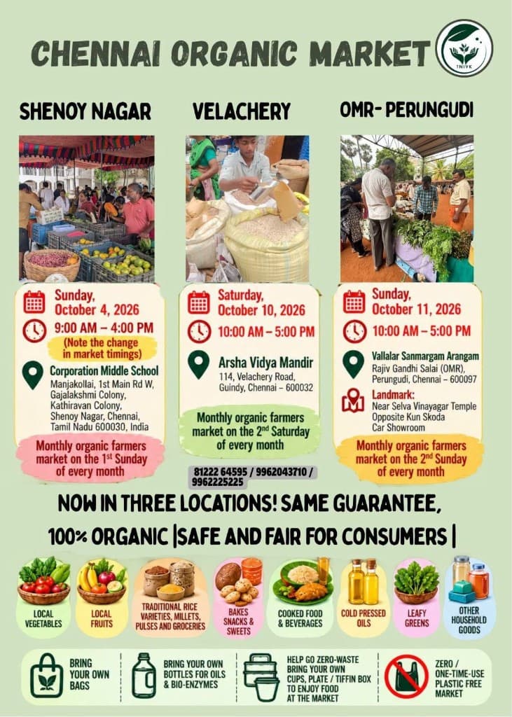Chennai Organic Market poster — three locations: Shenoy Nagar, Velachery, and OMR Perungudi
