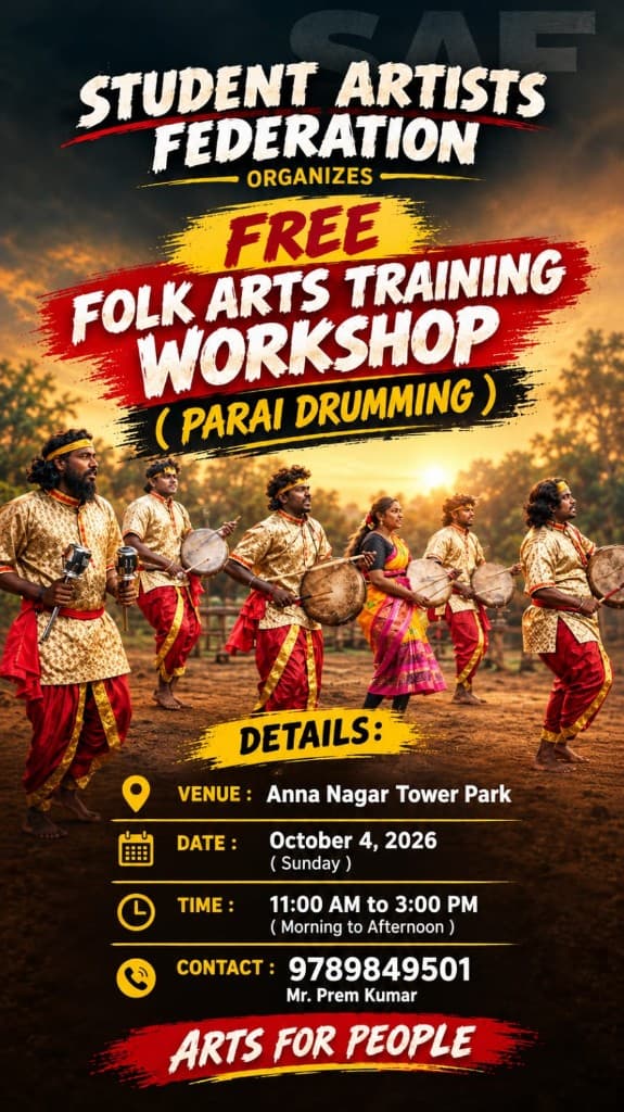 Student Artists Federation free folk arts training workshop poster — parai drumming at Anna Nagar Tower Park, Sunday 4 October 2026, 11:00 AM to 3:00 PM