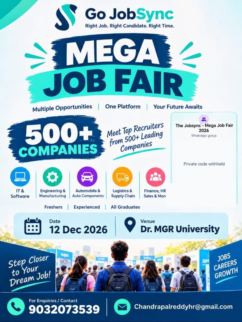 Go JobSync Mega Job Fair 2026 poster — Dr. M.G.R. University, Maduravoyal, Chennai, Saturday 12 December 2026. The private WhatsApp group code is not shown.