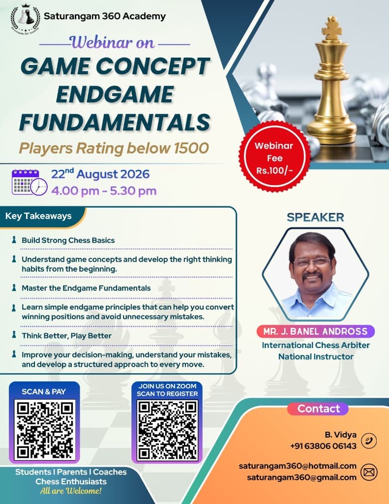 Saturangam 360 Academy — Game Concept Endgame Fundamentals chess webinar poster, 22 August 2026