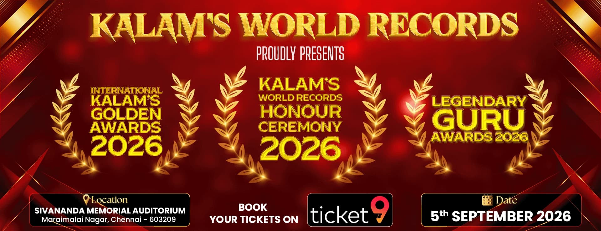 Kalam's World Records Honour Ceremony 2026 — Ticket9 Chennai event poster