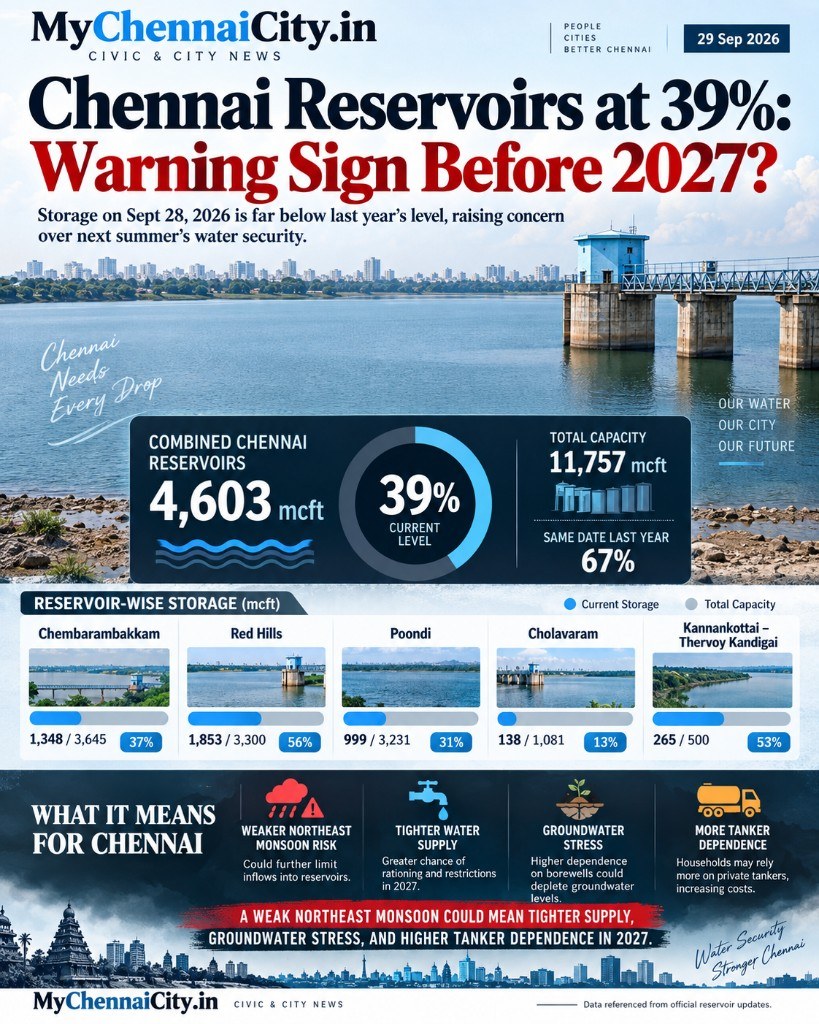 Chennai reservoir graphic for 28 September 2026: five lakes at 4,603 mcft, 39 percent of 11,757 mcft