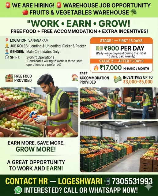 Vanagaram fruits and vegetables warehouse flyer — loading, unloading, picker and packer